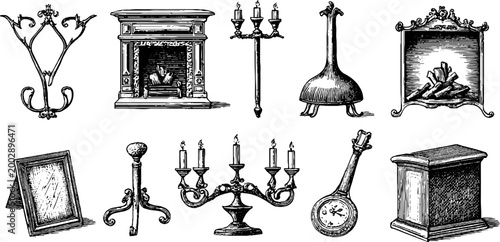 Vintage hearth accessories and mirrors arranged in rows