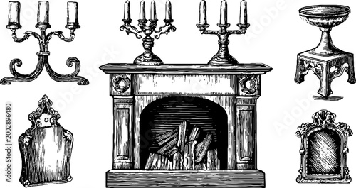 Antique fireplace mantel displaying candlesticks and decorative plaques