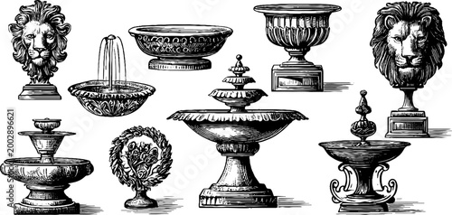 Decorative fountain and urn ornaments arranged on white background