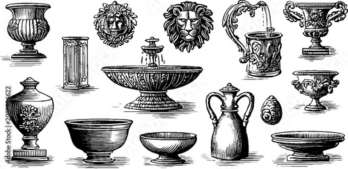 Collection of antique vases bowls and pitchers on white backdrop