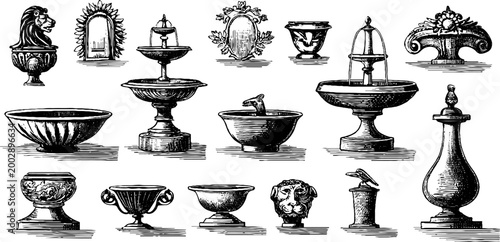Collection of fountain bowls and ornamental vases on white background