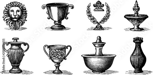 Ornamental urns and lion heads arranged on white background