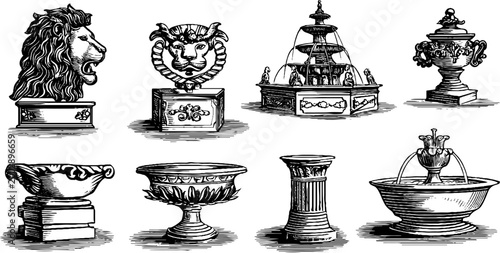 Various decorative fountain heads and pedestals on white background