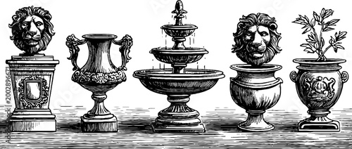 Decorative urns lion heads and planter arranged on white