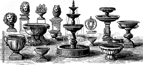 Collection of ornamental fountains and urns displayed on white