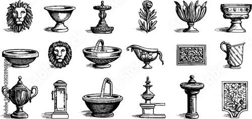 Various classical urns and decorative elements on white background