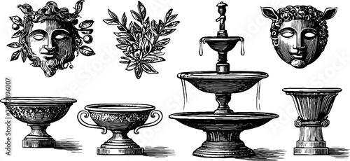 Decorative masks laurel and tiered fountain with classical urns