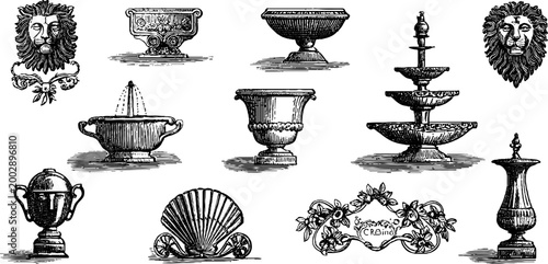 Antique ornamental bowls and medallions displayed on white