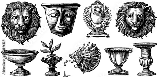 Decorative lion masks vases and sculptural basins displayed