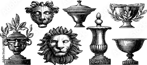 Assorted ornamental urns and lion heads shown on plain background