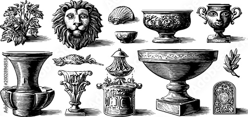 Decorative urns and ornamental motifs shown on white sheet
