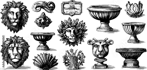 Lion heads and ornamental bowls arranged on white background