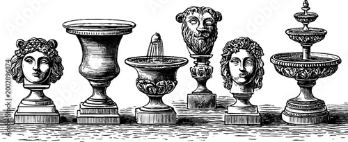 Classical urns and sculpted heads displayed on pedestal shelf