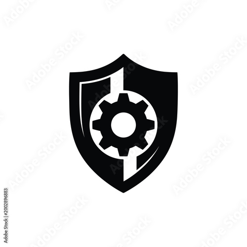 shield with gear icon black silhouette of security emblem on a white background high quality professional detailed modern elegant stylish