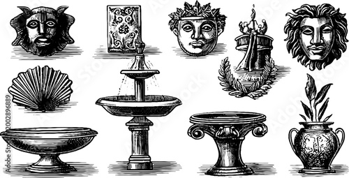 Assorted classical masks and pedestal bowls shown in lineup
