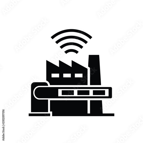 smart factory icon black silhouette of industrial building with wireless signal waves on white background high quality professional detailed modern