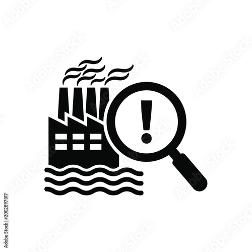 industrial pollution warning icon featuring factory smokestacks and a magnifying glass with an exclamation point high quality professional detailed modern