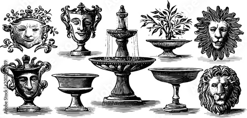 Decorative urns and lion masks arranged around garden fountain