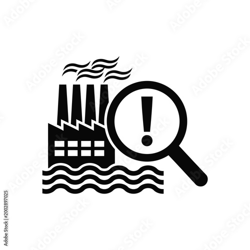 industrial pollution icon with factory smokestacks and magnifying glass on white background high quality professional detailed modern elegant stylish clean