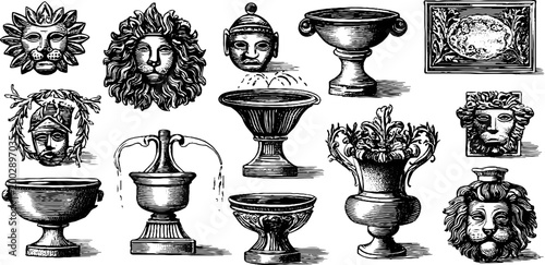 Lion masks and decorative urns arranged on white background