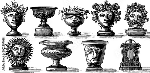 Antique head vases and ornate bowls in engraved composition