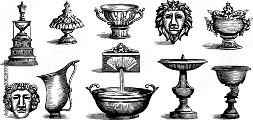 Assorted classical urns and basins displayed on white background