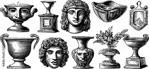 Classical portrait heads and ornamental vessels displayed in rows