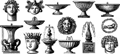 Classical ornamental heads and bowls displayed on white background