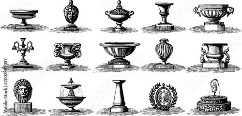 Classical urns and sculpted medallions shown on white background