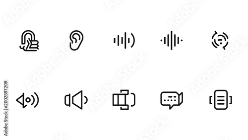 Fotografie Sound and Communication Iconography: A curated collection of minimalistic icons representing the essence of sound, including waves, audio, communication, and devices, offering versatility and clarity