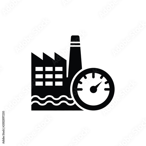 factory building with smokestacks and speed meter icon black silhouette on a white background high quality professional detailed modern elegant