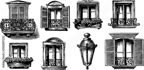 Balconies shutters and lamps rendered as architectural engravings