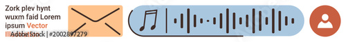 Digital communication, media sharing, online identity, messaging, audio content, technology. Visual of an email icon, a music note soundwave illustration and user profile. Digital communication