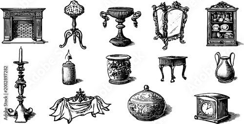 Assortment of antique household items arranged on white background