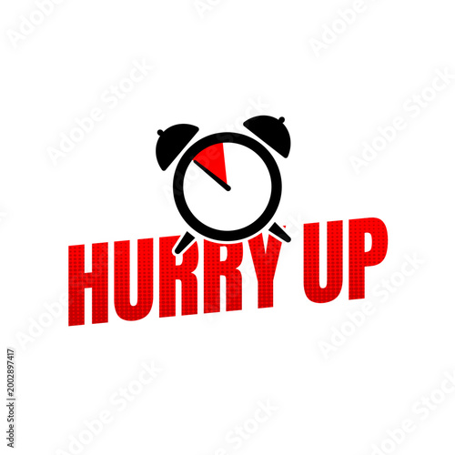 Hurry up sale banner with alarm clock, blue and orange promotion label, vector illustration