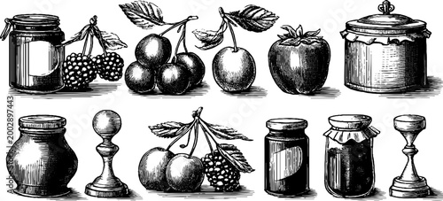 Variety of jars and fruits displayed on neutral background