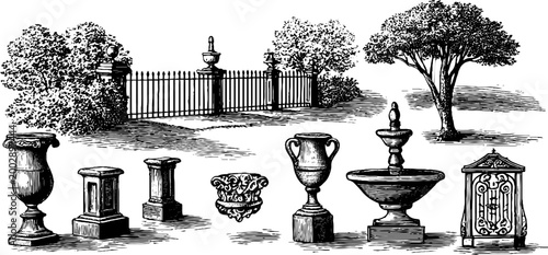 Garden ornaments and fence elements shown in outdoor scene
