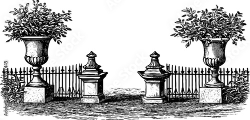 Paired urns flanking entrance gate in landscaped setting