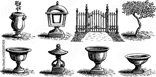 Decorative garden urns and lamp positioned before iron gate