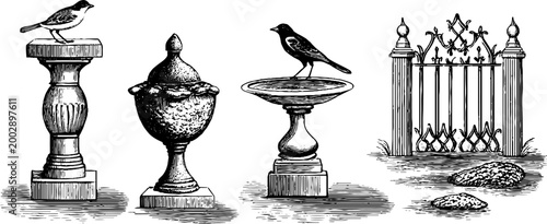 Series of pedestals and birdbath with iron gate backdrop
