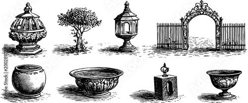 Decorative planters and urns displayed in courtyard setting