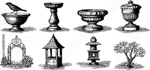 Bird perched on basin among fountains and small trees