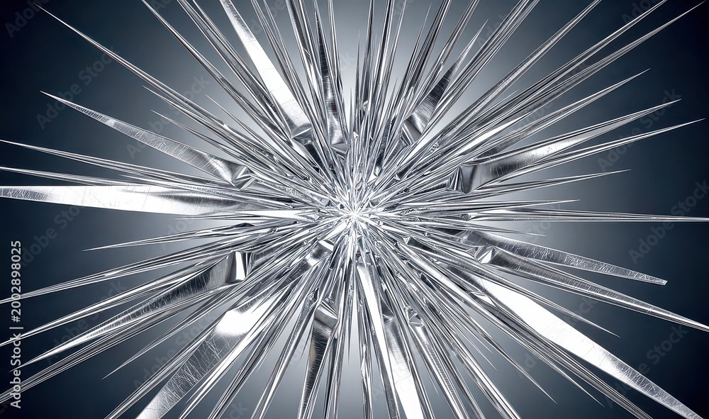 Fototapeta premium Stunning chrome metal spike explosion with sharp reflective needles radiating from a central core in a monochromatic grey background creating a dramatic metallic sunburst effect for tech art