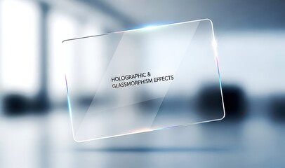 Futuristic Floating Transparent Glass Card with Holographic Glow and Sleek Rounded Edges Hovering in a Blurred Modern Interior Space Perfect for Technology and Data Interface Mockups