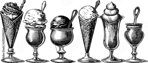 Assorted ice cream desserts illustrated in vintage glassware row