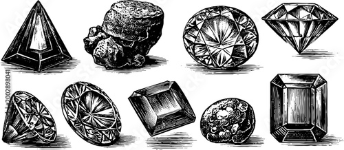 Variety of cut gems and rough minerals arranged on white background