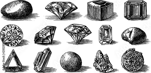 Assortment of raw and cut gemstones displayed on white