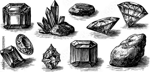 Mixed crystal clusters and faceted stones displayed on white surface