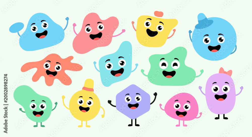 Obraz premium Cute Cartoon Blob Characters Set with Happy Faces and Vibrant Colors
