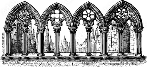 Gothic vaulted arcade overlooking ruined cityscape through arches